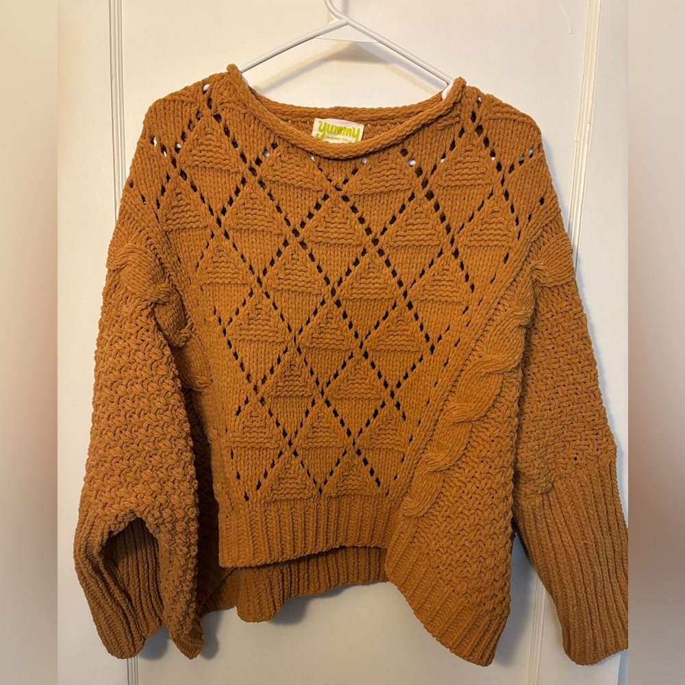 Yummy Sweater Co Diamond Cable Pullover Sweater Yellow Women's Size S/M